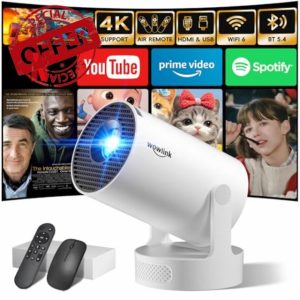 [Built-in Apps & 2025 Upgraded] Mini Projector with WiFi 6 and Bluetooth 5.4 Support 4K 1080P Auto Keystone 180° Rotatable Projector for Bedroom Compatibile with HDMI/TV Stick/Memory Stick/Laptop