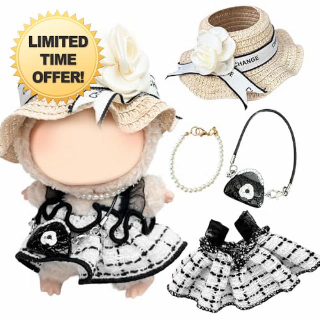 4 Pcs Doll Clothes Compatible with Labubu 17cm Plush Dolls,Elegant Doll Clothes Accessories Set with 1 Classic Check Dress 1 Straw Fabric Hat 1 Necklace