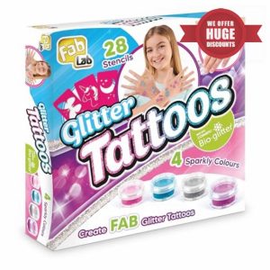 FabLab Glitter Tattoos | Create FAB Glittery Kids Tattoos! | Includes 28 Stencils and 4 Sparkly Colours of Bio-Glitter | Girls Gifts for Ages 8+