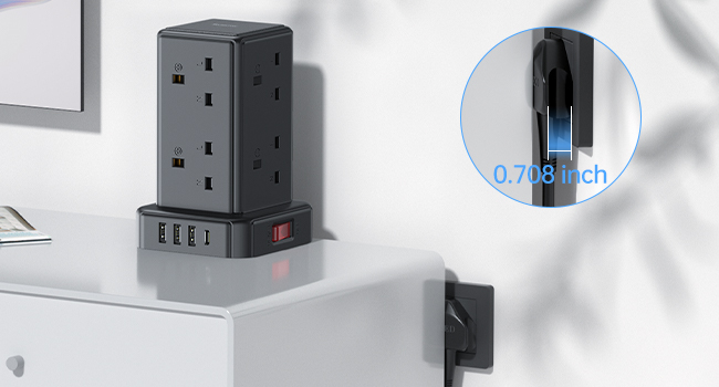 Wall-mounted power outlet extender with multiple AC sockets and USB ports, featuring a slim black design and LED indicator.