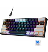 Gaming mechanical keyboard with RGB backlighting creating rainbow effects across keys. Features rounded keycaps and includes wrist rest attachment.
