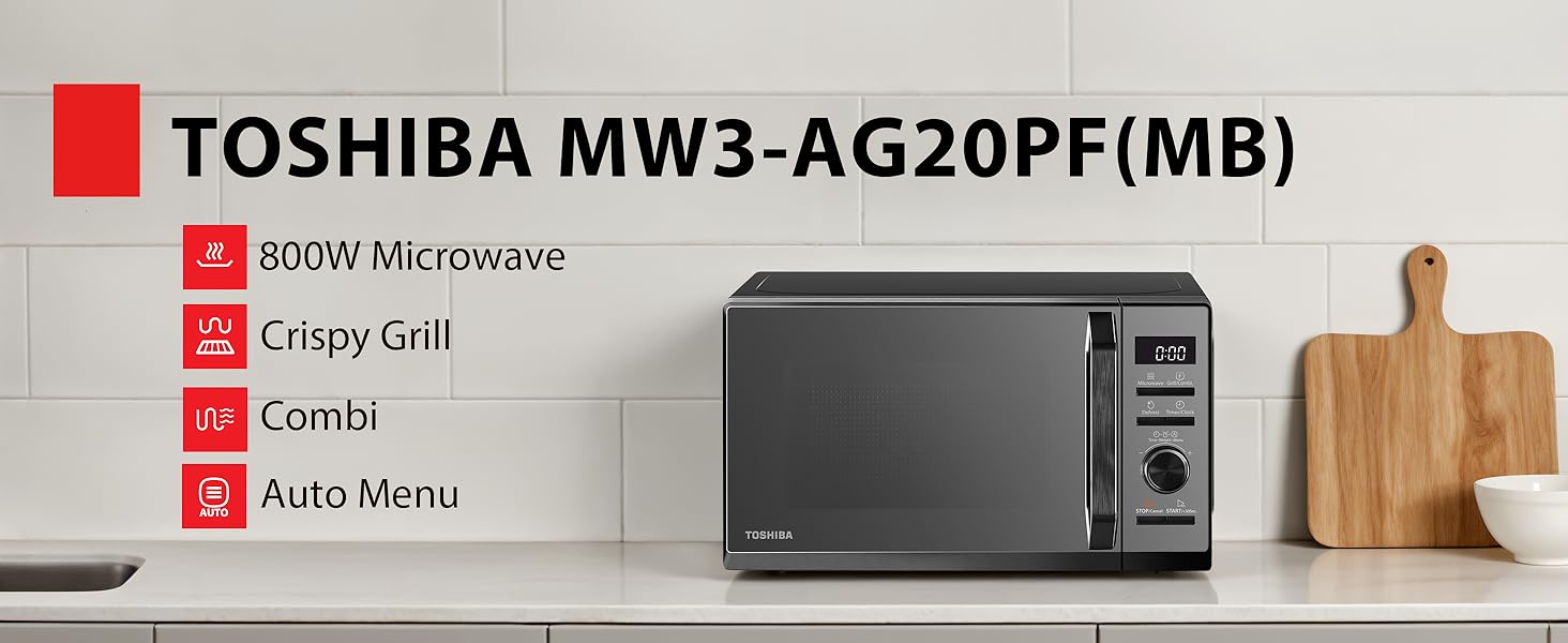 Text reads: 'TOSHIBA MW3-AG20PF(MB)'. Product image shows a microwave oven next to wooden cutting board, with feature indicators.