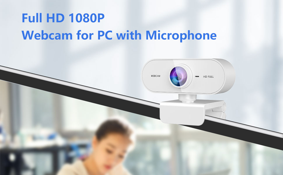 Text reads 'Full HD 1080P Webcam for PC with Microphone'. White webcam mounted on display showing office environment.