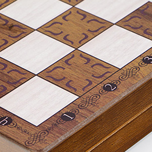 Chess pieces arranged on a wooden board, showing contrasting dark and light colored pieces in traditional chess piece designs.