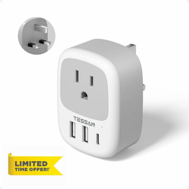 TESSAN US to UK Plug Adapter with 3 USB (1 USB C)
