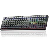 Gaming keyboard with RGB backlit mechanical keys, featuring a full-size layout with numpad and what appears to be custom keycaps.