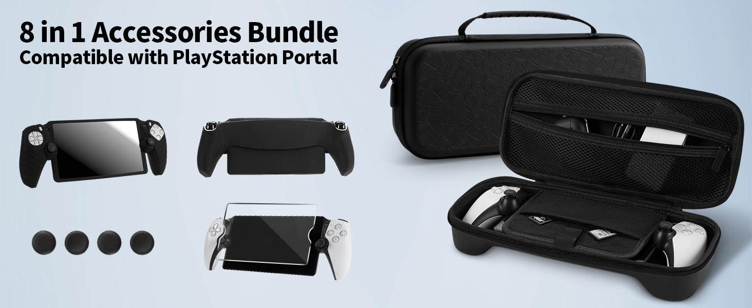 Product showcase of '8 in 1 Accessories Bundle' for PlayStation Portal, displaying multiple black carrying cases and storage solutions in different sizes.