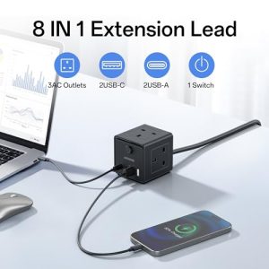 3 Way (13A/3000W) Multi Plug Extension Cable with 2 USB C