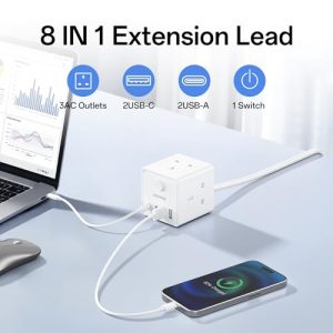 3 Way (13A/3000W) Multi Plug Extension Socket with 2 USB A 2 USB C