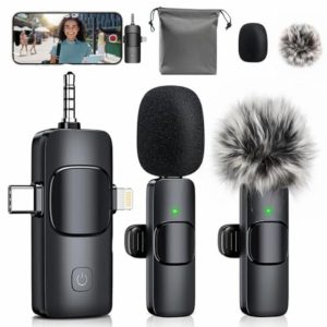MENERESAS Mini Microphone for iPhone/Android: 3-in-1 Wireless Lavalier Microphone with Noise Reduction and Crystal Sound for Camera