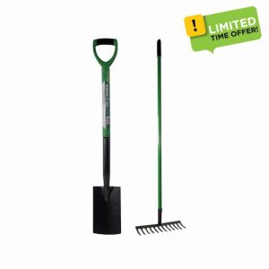2 Piece Garden Digging Shovel & Rake Tool - Steel Gardening Soil Spade Farm Set Handle | Cultivating All Types Of Soil | Garden Lawn Rake Tool For Gardening & Planting - 2pc