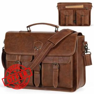 RAINSMORE Messenger Bag PU Leather Laptop Bag 18 Inch Waterproof Briefcase for Men Work Satchel Bag Business Shoulder Bag for College Brow