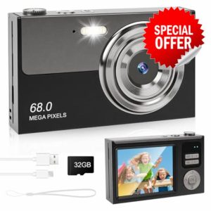 Digital Camera - 68MP Autofocus with 2.8" LCD Screen 16X Digital Zoom Anti-Shake Photography Vlogging Compact Photo Camera with 32gb SD Card for Kids Students Beginners Teens (Black+Grey)
