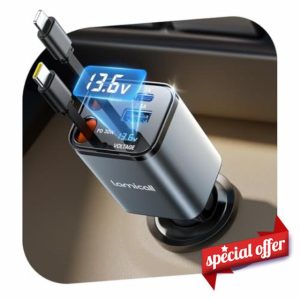 Lamicall 4 IN 1 Retractable Car Charger Adapter - [50% Smaller] [Voltage Display] 69W Cigarette Lighter USB Charger