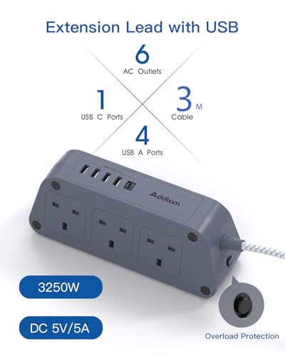 Extension Lead with 6 Way Outlets 5 USB(5A