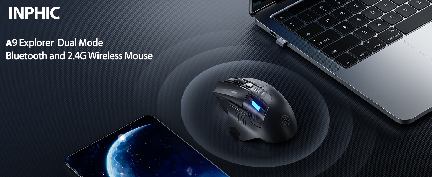 INPHIC wireless mouse product display showing dual mode Bluetooth and 2.4G connectivity features against dark background with planet graphic.
