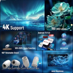 4K Support Portable Projector 130'' Screen Auto Keystone Smart Movie Projector for Bedroom- Compatible with PC