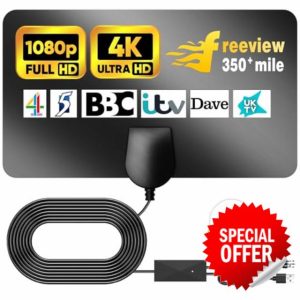 Digital TV Aerial 350+ Miles Long Range - Amplified HD TV Antenna Indoor for Freeview TV Support 4K 1080P (Black)