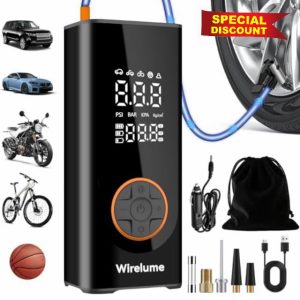 Cordless Tyre Inflator Portable Air Compressor Digital Car Tire Pump DC 12V 150 PSI Electric Air Pump for Vehicle Tyres/Bike/Inflatables with Preset and Auto Shutoff Function/ 4 Nozzles/LED Ligh