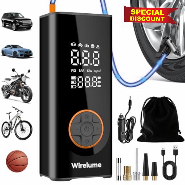 Cordless Tyre Inflator Portable Air Compressor Digital Car Tire Pump DC 12V 150 PSI Electric Air Pump for Vehicle Tyres/Bike/Inflatables with Preset and Auto Shutoff Function/ 4 Nozzles/LED Ligh