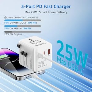 25W All-in-One Travel Plug Adapter with 2 USB-C PD and 1 USB-A QC3.0