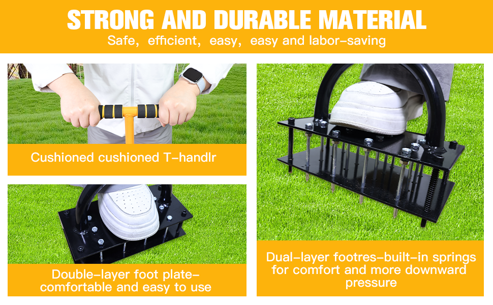 Text reads 'HOW TO SPIKE AERATOR'. Three-step instruction panels showing lawn aeration process with boots and spikes for yard maintenance.
