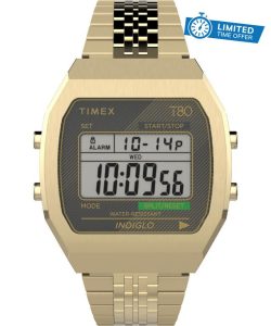 Timex Unisex T80 36 mm Watch - Gold-Tone Stainless Steel Band Digital Dial Gold-Tone Case TW2V743