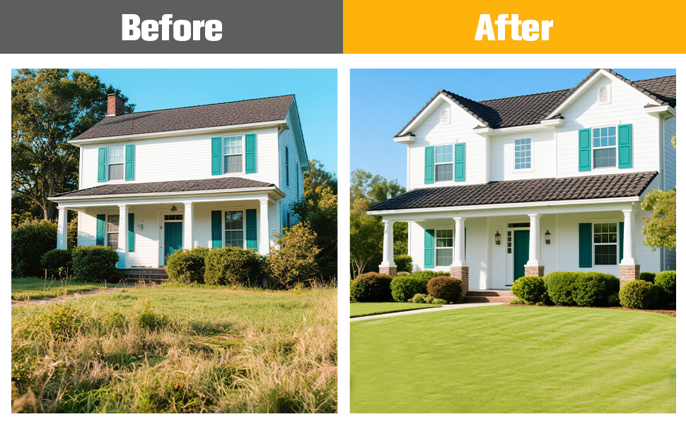 Text reads: 'Before' and 'After'. Side-by-side comparison of two-story house exterior - left shows unkempt yard, right shows renovated facade with manicured lawn and refreshed turquoise shutters.