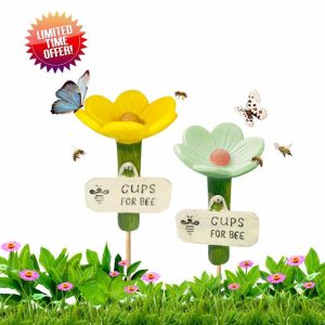 2Pcs Bee Watering Feeder Cups for Garden Flower Shaped Bee Waterer Insect Water Station Bird Butterfly Drinking Cup for Outdoor Garden Beehive Grassland Flowerpot Accessories (Resin Material)