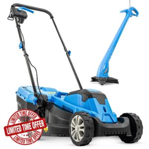 Hyundai Electric Lawn Mower & Grass Trimmer Set | 1300W 33cm Mower + 250W 22cm Trimmer | 11m & 10m Cables