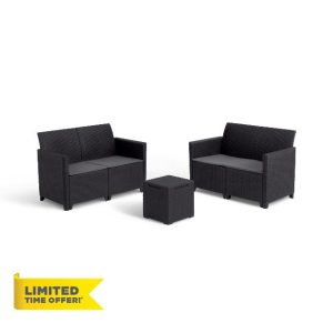 Keter Marie Outdoor Lounge Set | 2 Sofas + Vigo Storage Table + Cushions | Rattan-Effect Finish | Weatherproof Resin | 15-Min Easy Assembly | 3-Year Guarantee