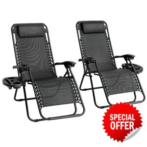Straame Garden | Zero Gravity Chair | Set of 2 | Heavy Duty Textoline | Outdoor & Garden Sunloungers | Reclining & Folding Chair with Cup Holder and Headrest Pillow