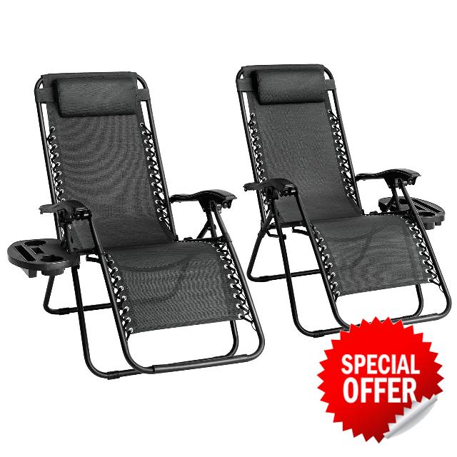 Straame Garden | Zero Gravity Chair | Set of 2 | Heavy Duty Textoline | Outdoor & Garden Sunloungers | Reclining & Folding Chair with Cup Holder and Headrest Pillow