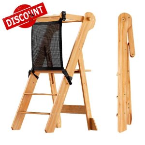 COSYLAND Foldable Toddler Step Stool with Protective Mesh - Height Adjustable Toddler Standing Tower - Space Saving Wooden Kitchen Stool Helper for Kids (Natural)