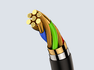 Technical illustration showing cross-section of electrical cable with multiple colored internal wires and protective outer sheathing layers.