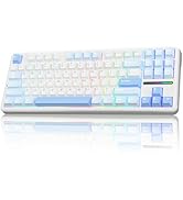 Mechanical keyboard with white and green keycaps, tenkeyless layout, featuring white backlighting and a minimalist design with mixed color modifiers.