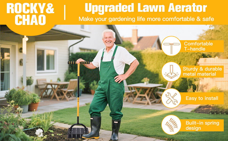 Text reads 'ROCKY& Upgraded Lawn Aerator'. Multiple panels showing lawn aerator tool in use on grass, demonstrating various angles and applications with measurement indicators.