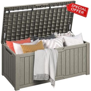 DWVO Outdoor Garden Storage Box|450L 142.1x67.6x60cm|Waterproof||Securely Lockable|Side Carry Handles|All Weather Resistant|Patio Resin Deck Box for Pillows