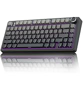 Compact mechanical keyboard with red LED backlighting, tenkeyless design in black with illuminated keys and attached wrist strap.