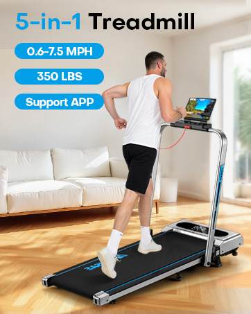 3-in-1 Walking Pad treadmill with 0.6-6.2 MPH speed range, 2.5 HP motor, and under 40 dB noise level, shown with person working at standing desk.