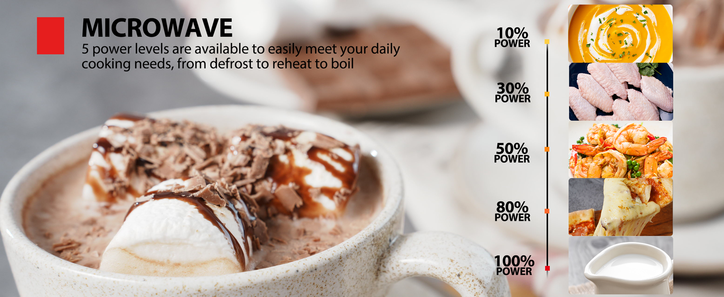 Text reads 'MICROWAVE'. Hot chocolate drink with whipped cream and chocolate shavings on top, with additional food images shown on right panel.