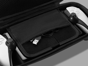 Close-up view of black protective case or holder with straps and securing mechanism.