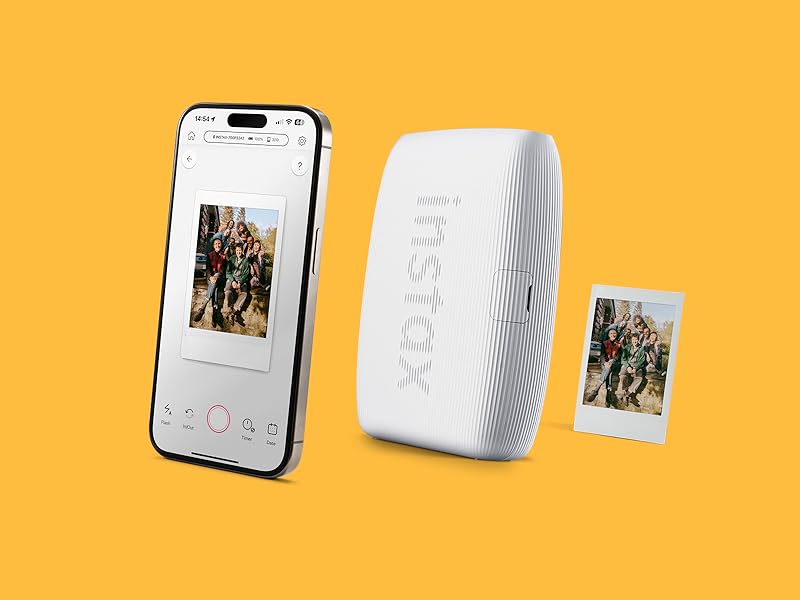 Portable instant photo printer in white, shown with smartphone displaying photo and a printed mini photograph against orange background.