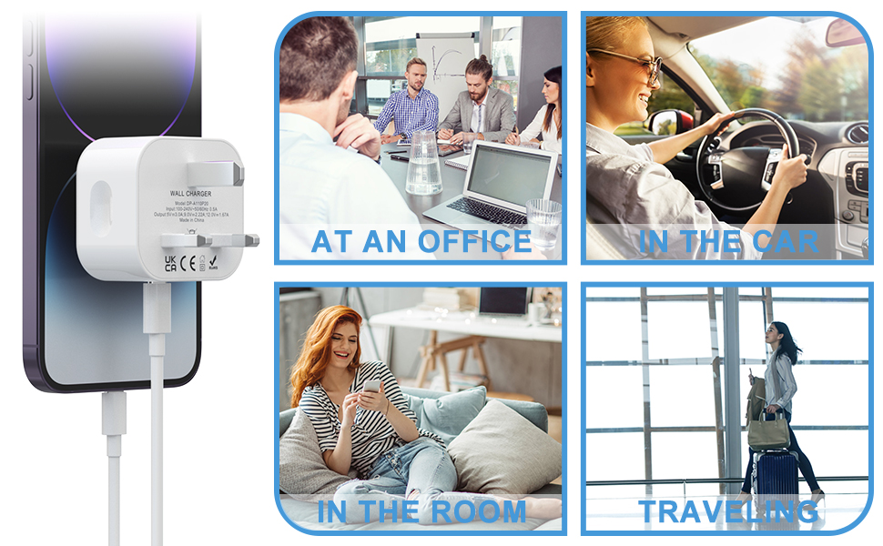 White wireless charging ring for various iPhone models and AirPods. Compatibility chart shows wide range of supported devices including iPad and iPhone series.