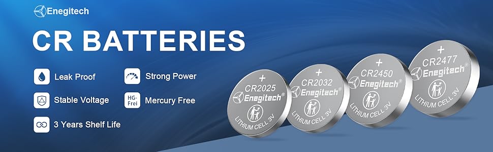 Product display of CR button cell batteries showing multiple sizes in silver metallic finish.