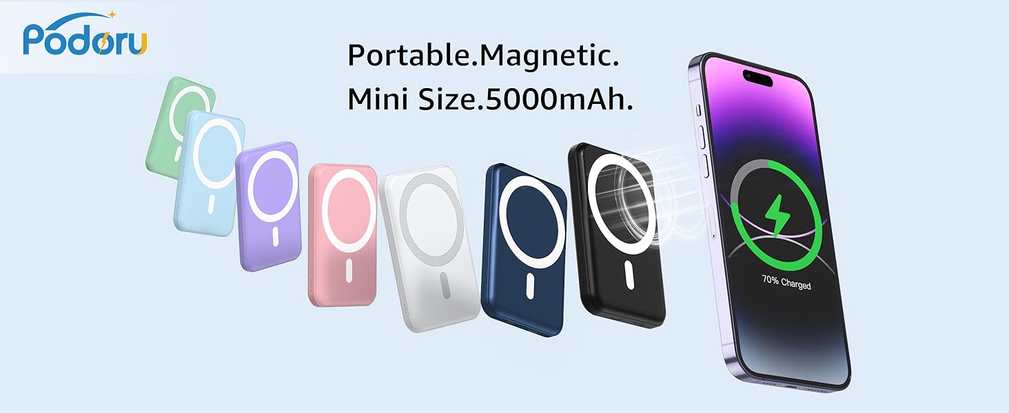 Portable magnetic wireless chargers in various pastel colors. Shows compatibility with smartphone, 5000mAh capacity. Podoru brand visible.