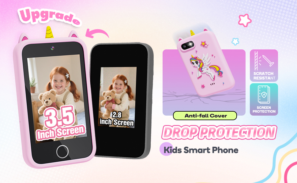Text reads 'Upgrade', 'DROP PROTECTION', 'Kids Smart Phone'. Product advertisement showing pink-themed interface screens and device protective features.