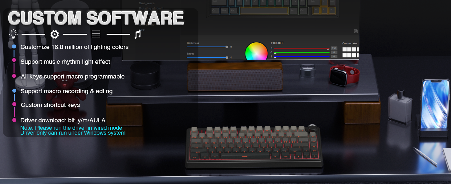 Mechanical keyboard with RGB backlighting featuring hot-swappable switches and pre-lubed Speck Gold switches for smooth, quiet operation.
