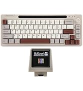 Compact mechanical keyboard with beige/off-white keycaps, red accent keys, and minimalist 65% layout design.