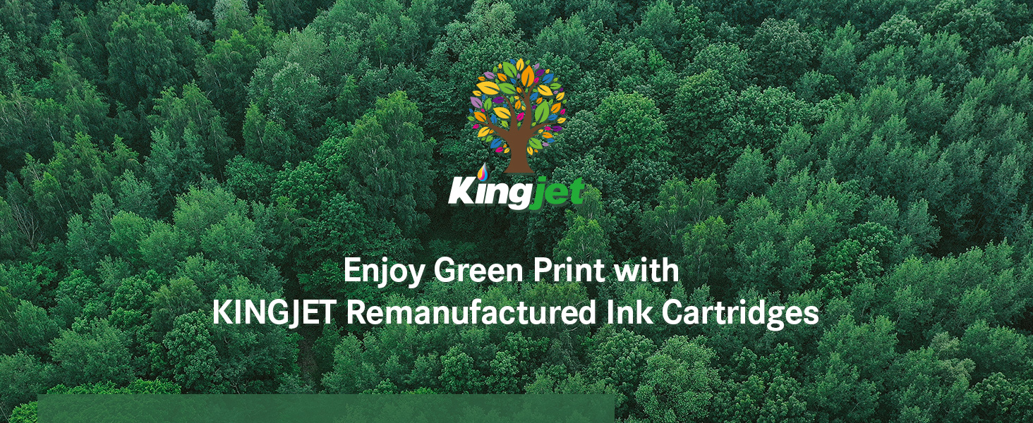 Text reads 'KingJet' and appears to be promotional material for printer ink cartridges, shown against a green forest background.